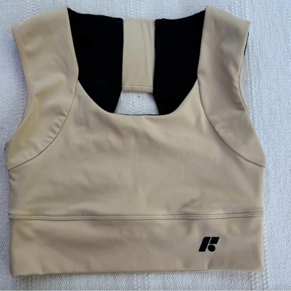 Beige Sports Bra with Black Accents